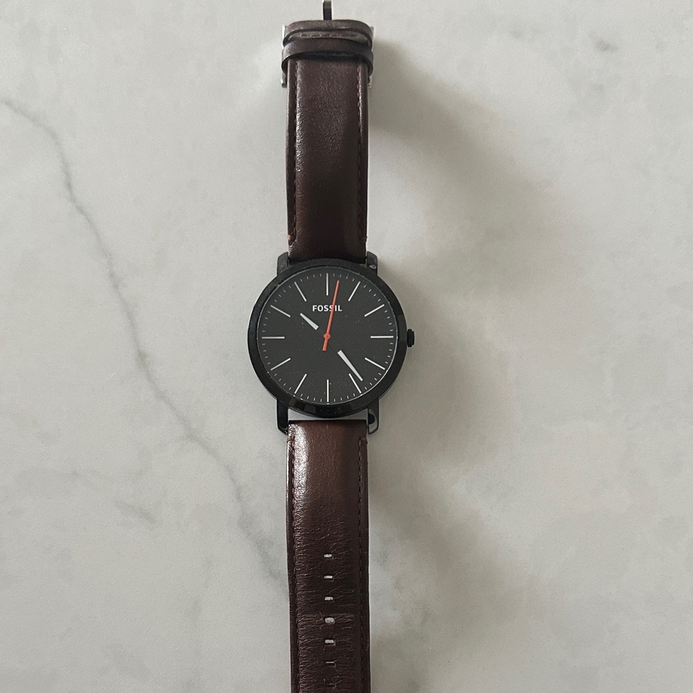 Fossil Luther Three Hand Leather Watch with Dark Brown Leather Strap